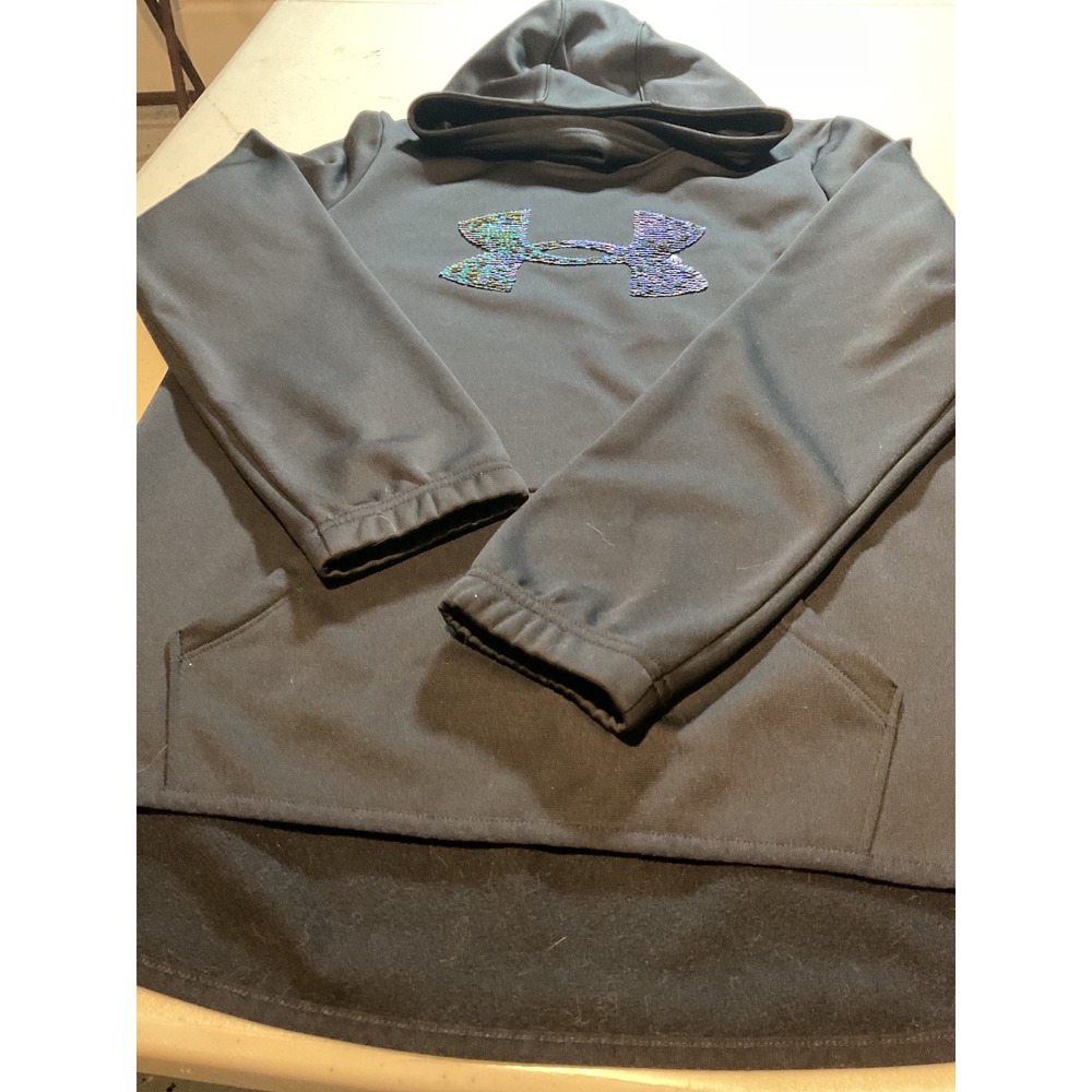 Under Armour Girls Black Sequin Logo Hoodie Sweatshirt YLG Large Iridescent